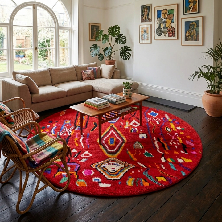 Round handmade Moroccan Berber rug with deep red wool base and colorful tribal geometric symbols.