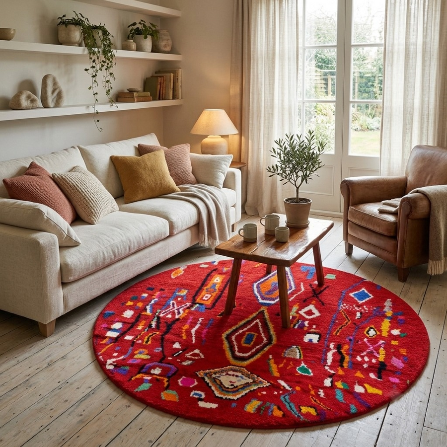 Round handmade Moroccan Berber rug with deep red wool base and colorful tribal geometric symbols.