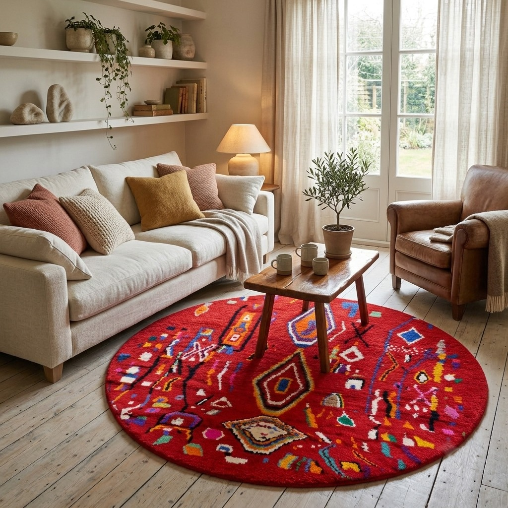 Round handmade Moroccan Berber rug with deep red wool base and colorful tribal geometric symbols.