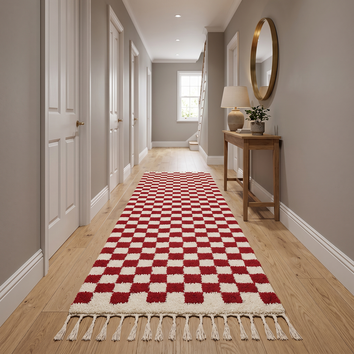 Red and white checkerboard Moroccan runner rug made of handmade wool with fringed ends on white background 