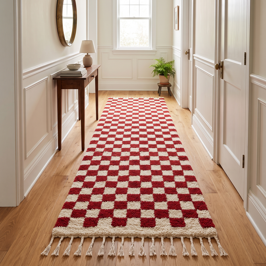 Red and white checkerboard Moroccan runner rug made of handmade wool with fringed ends on white background 