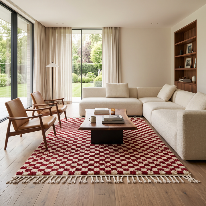 Red and Cream Checkered Moroccan Wool Rug – Handmade Berber Carpet