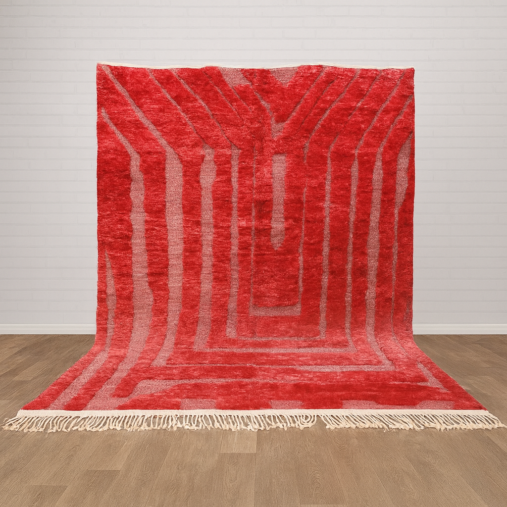 Red textured rug with white fringe on a wooden floor and light gray wall background