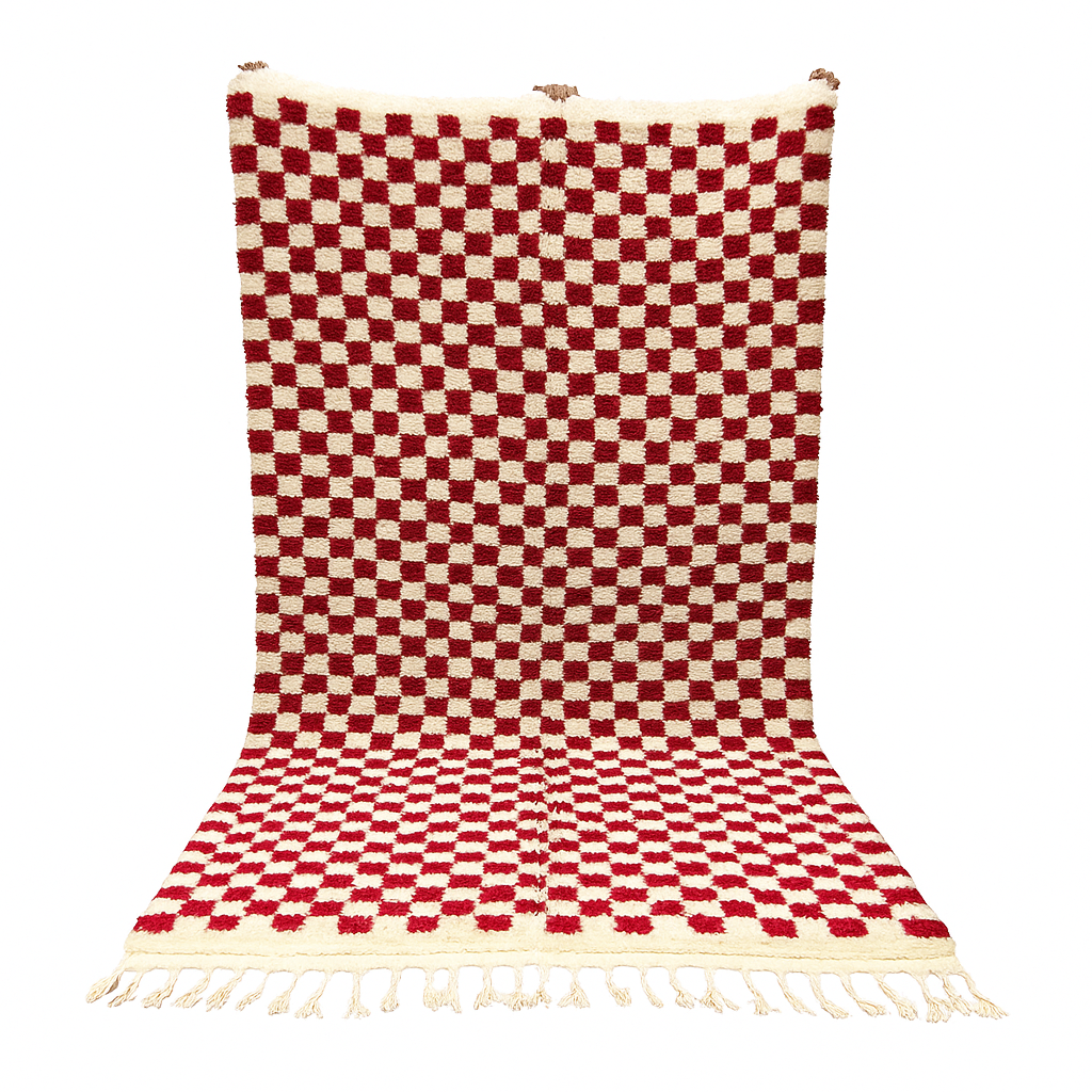 Red and cream Moroccan wool rug with handmade checkered pattern