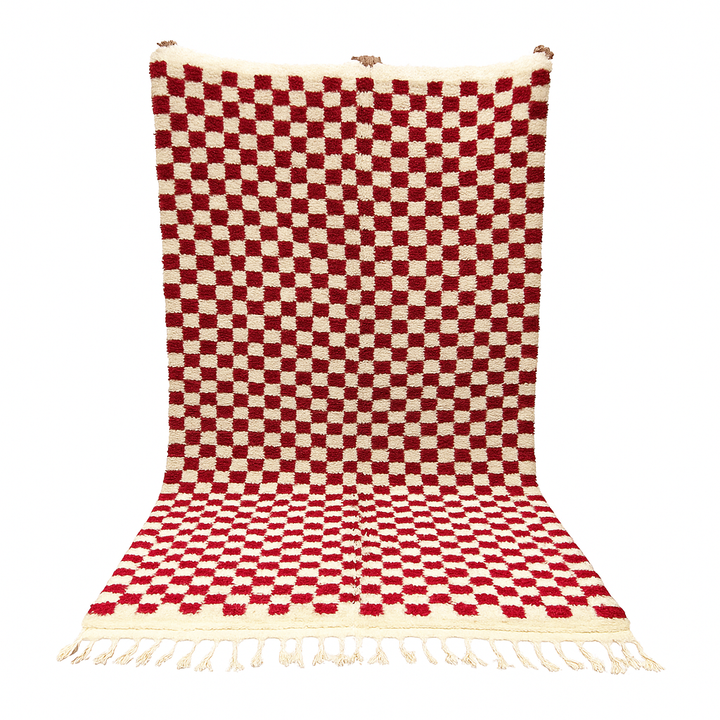 Red and cream Moroccan wool rug with handmade checkered pattern