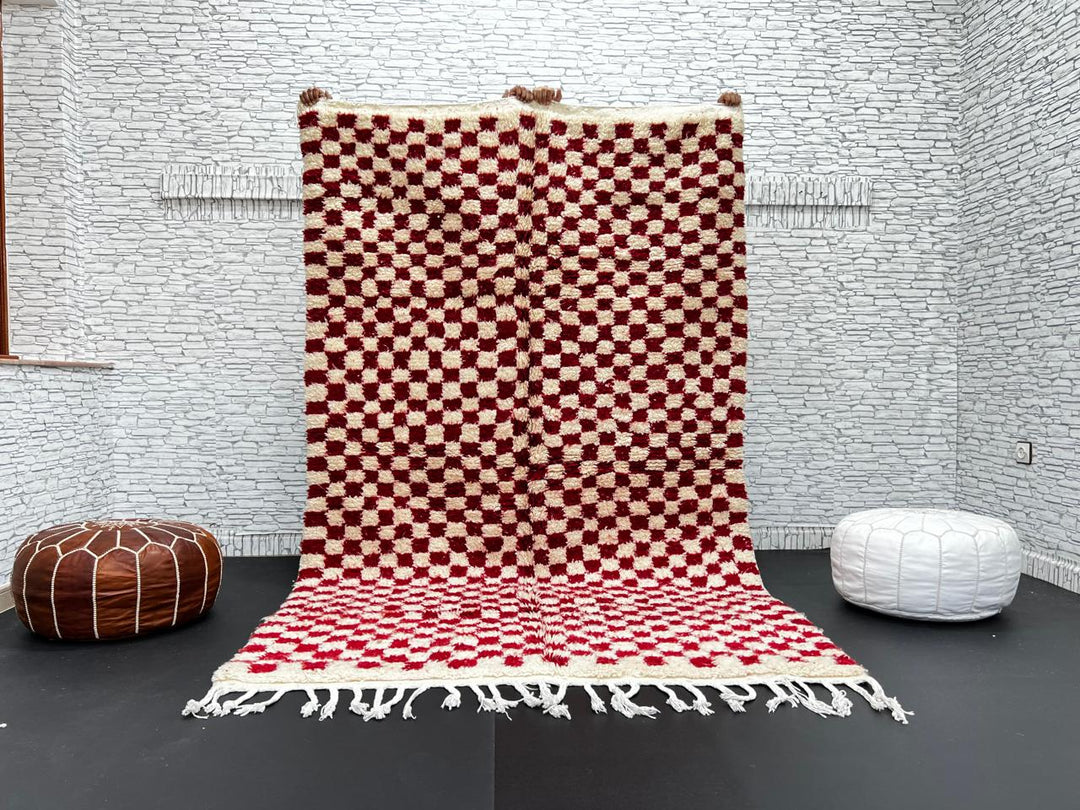 Red and cream Moroccan wool rug with handmade checkered pattern