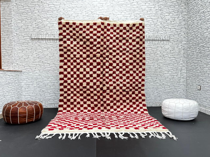 Red and cream Moroccan wool rug with handmade checkered pattern