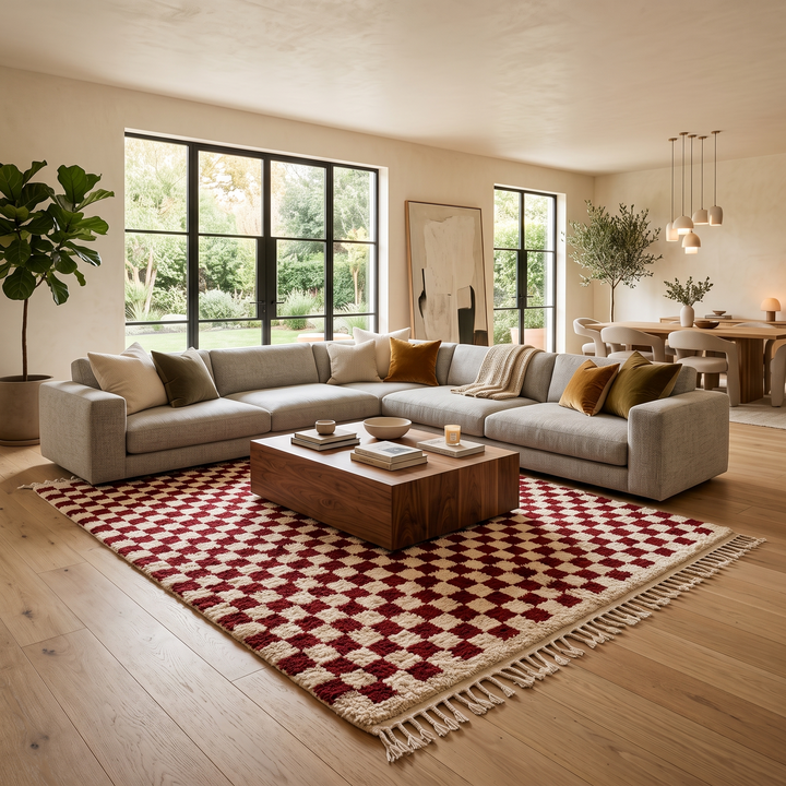 Red and cream Moroccan wool rug with handmade checkered pattern