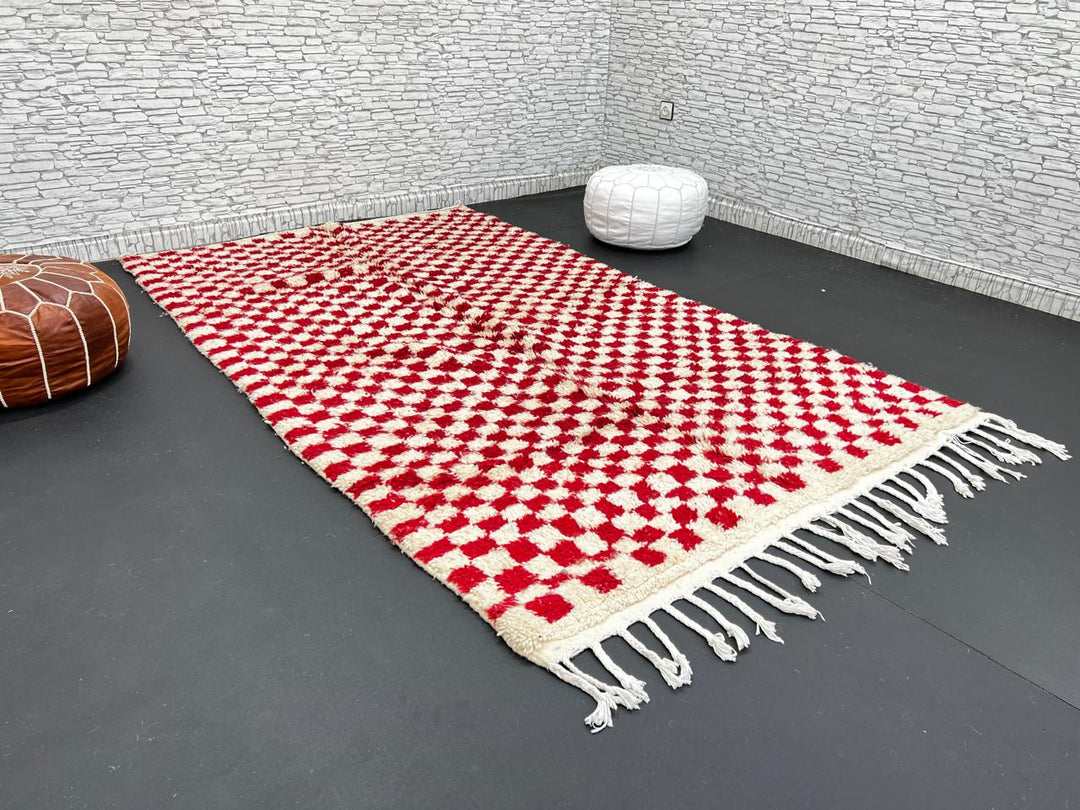 Red and cream Moroccan wool rug with handmade checkered pattern