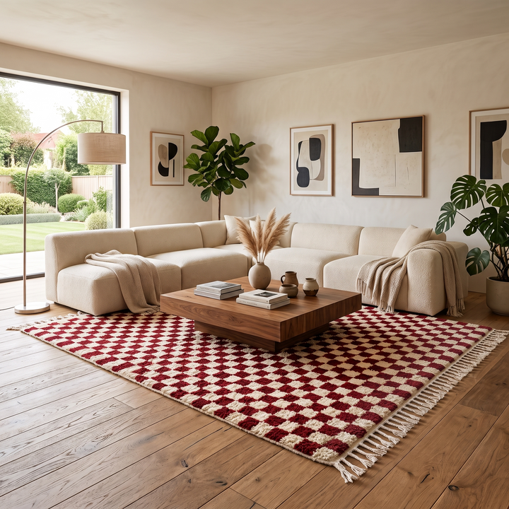 Red and cream Moroccan wool rug with handmade checkered pattern
