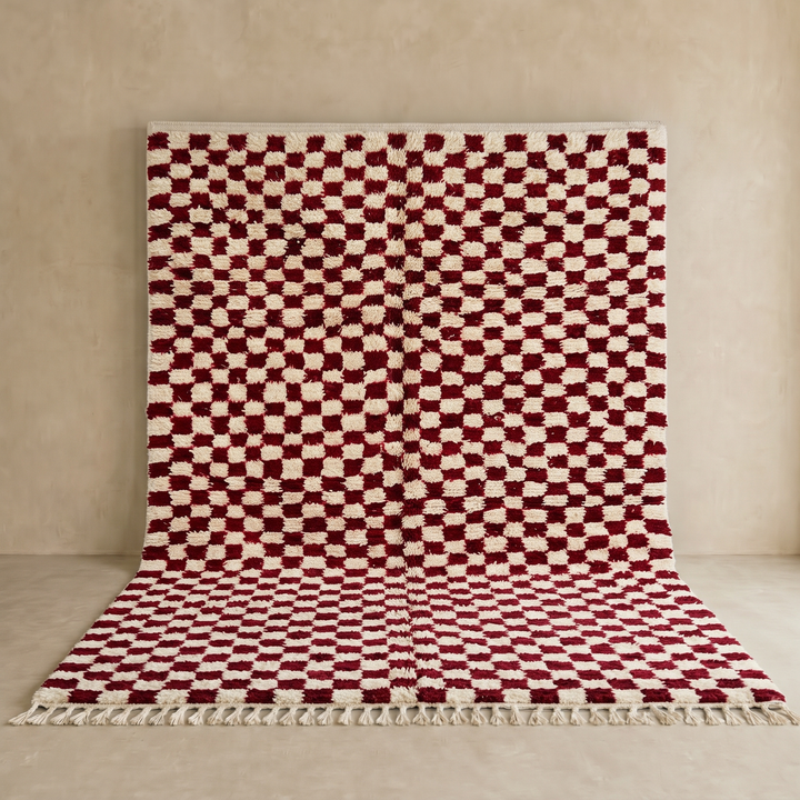 Red and cream Moroccan wool rug with handmade checkered pattern
