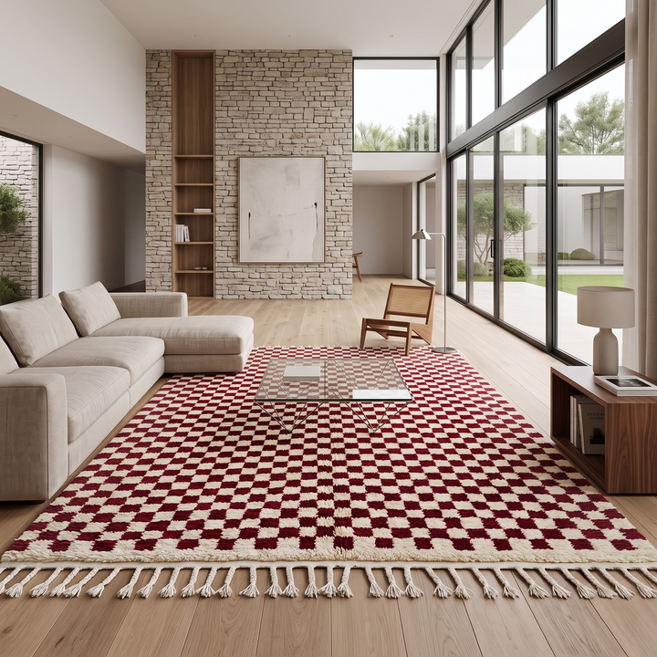 Red and cream Moroccan wool rug with handmade checkered pattern