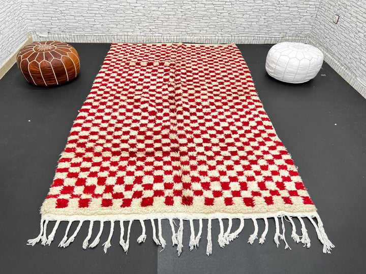 Red and cream Moroccan wool rug with handmade checkered pattern