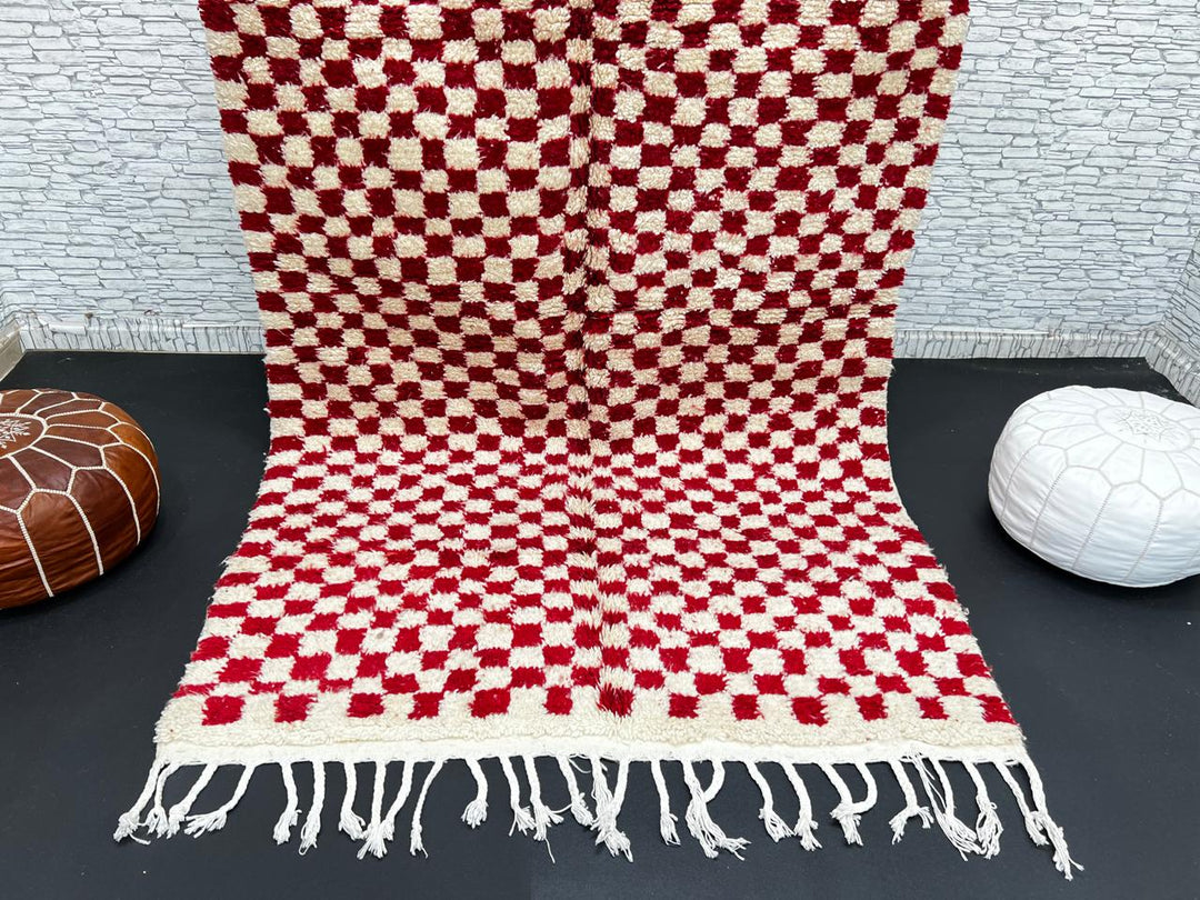 Red and cream Moroccan wool rug with handmade checkered pattern