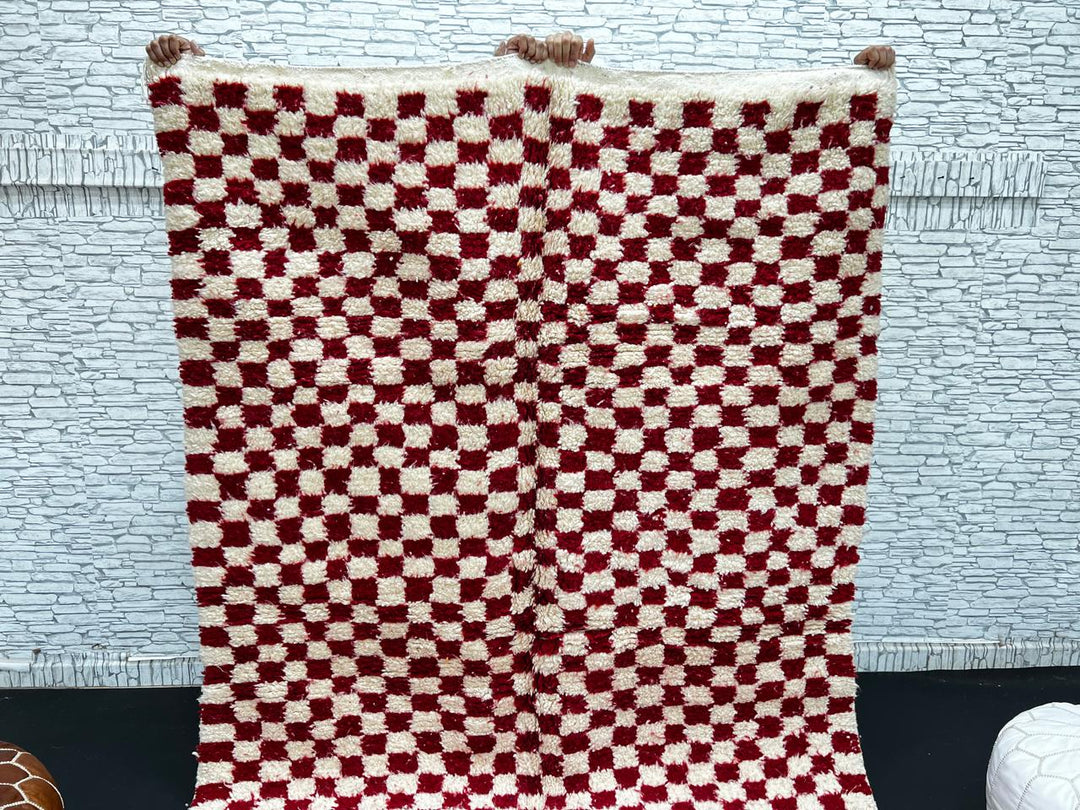 Red and cream Moroccan wool rug with handmade checkered pattern
