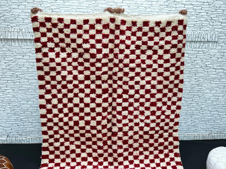 Red and cream Moroccan wool rug with handmade checkered pattern