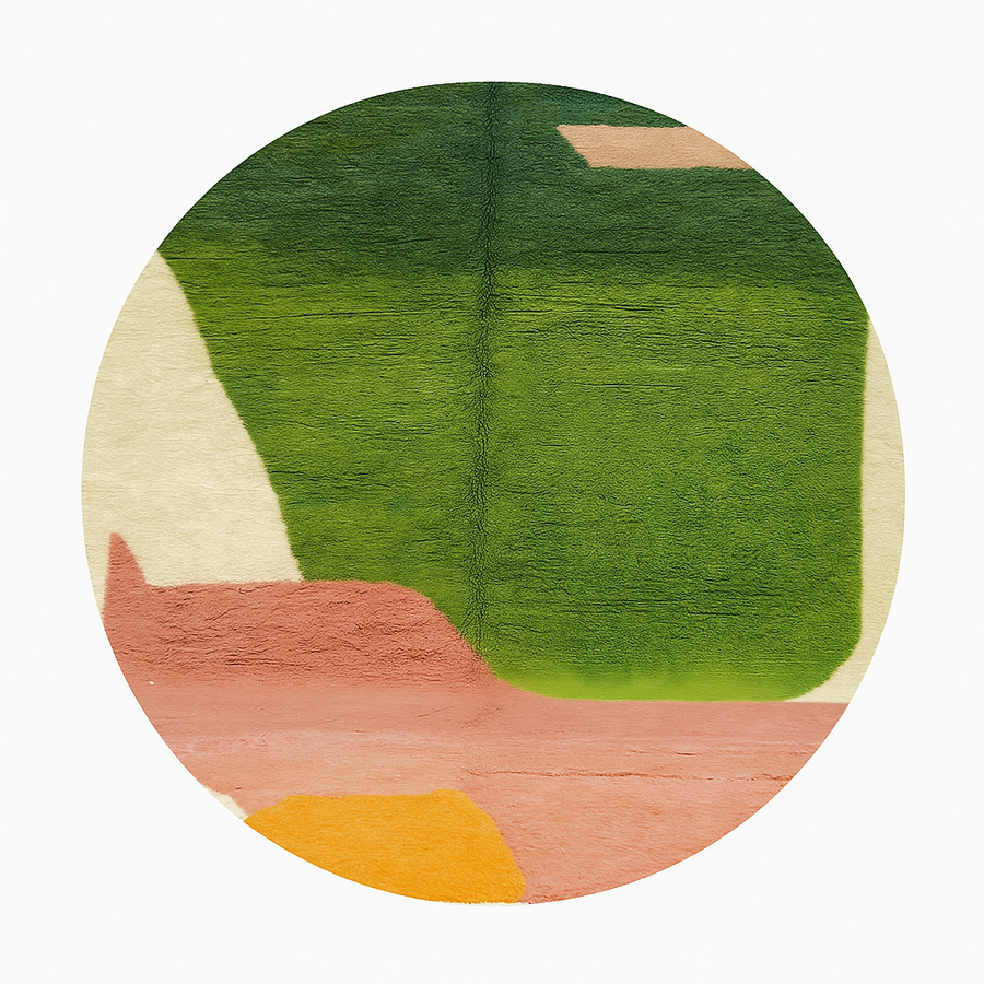 Round abstract Moroccan wool rug with green, peach, yellow, and beige color blocks