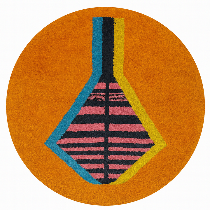 Round Moroccan Berber wool rug with abstract geometric motif, handmade by artisans.