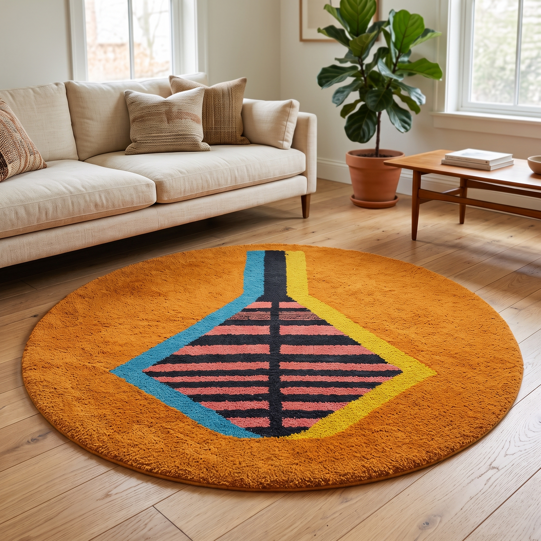 Round Moroccan Berber wool rug with abstract geometric motif, handmade by artisans.
