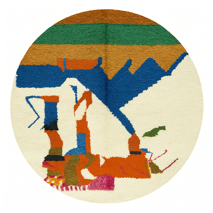 Round abstract Moroccan wool rug with blue, orange, green, and white modern design