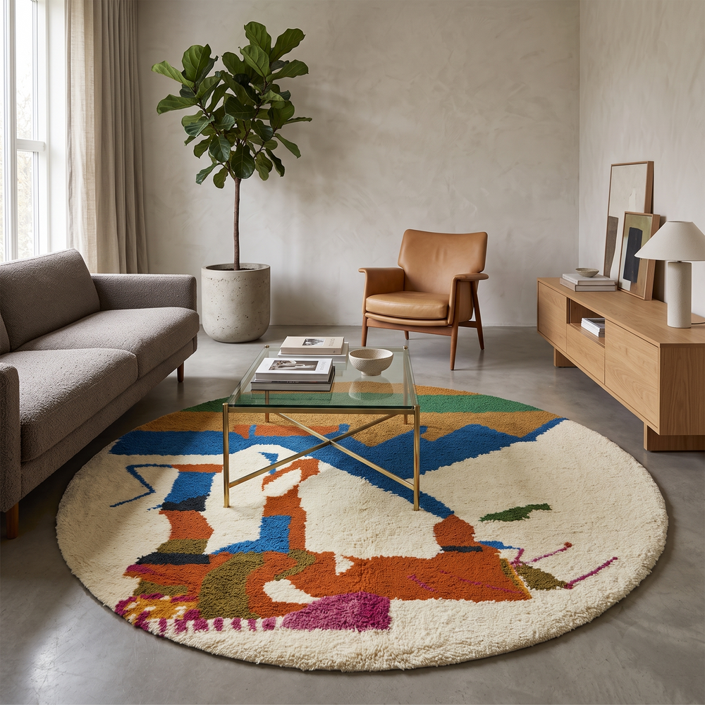 Round abstract Moroccan wool rug with blue, orange, green, and white modern design