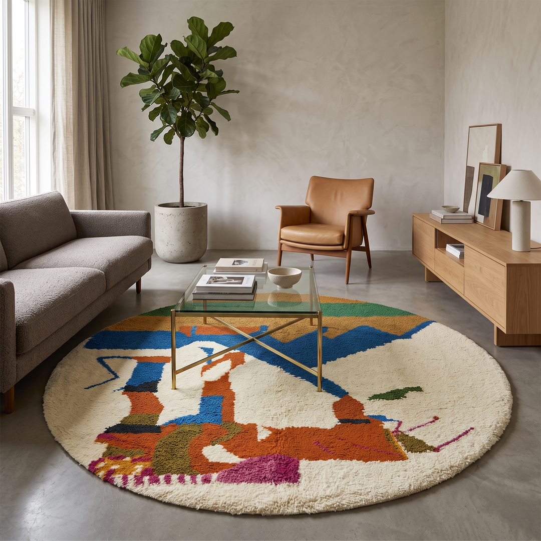 Round abstract Moroccan wool rug with blue, orange, green, and white modern design