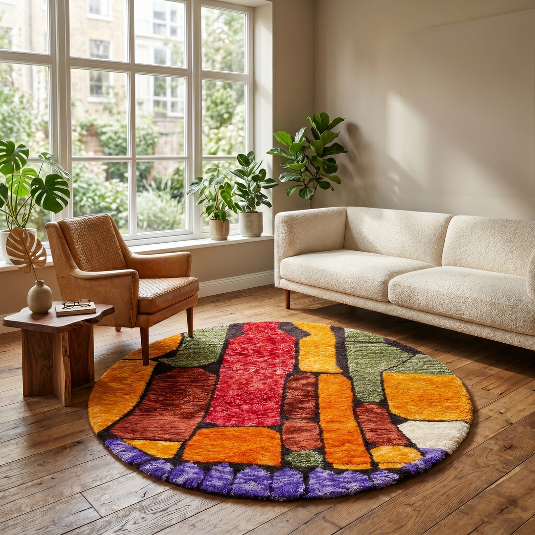 Handmade round Moroccan wool rug featuring colorful abstract geometric patterns in terracotta, olive green, orange, burgundy, purple, and ivory tones.