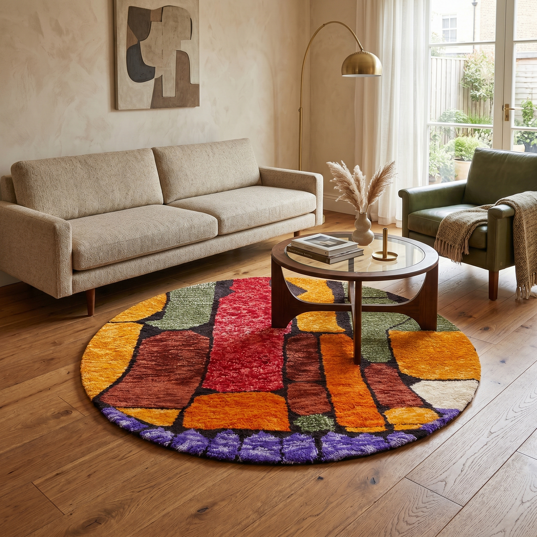 Handmade round Moroccan wool rug featuring colorful abstract geometric patterns in terracotta, olive green, orange, burgundy, purple, and ivory tones.