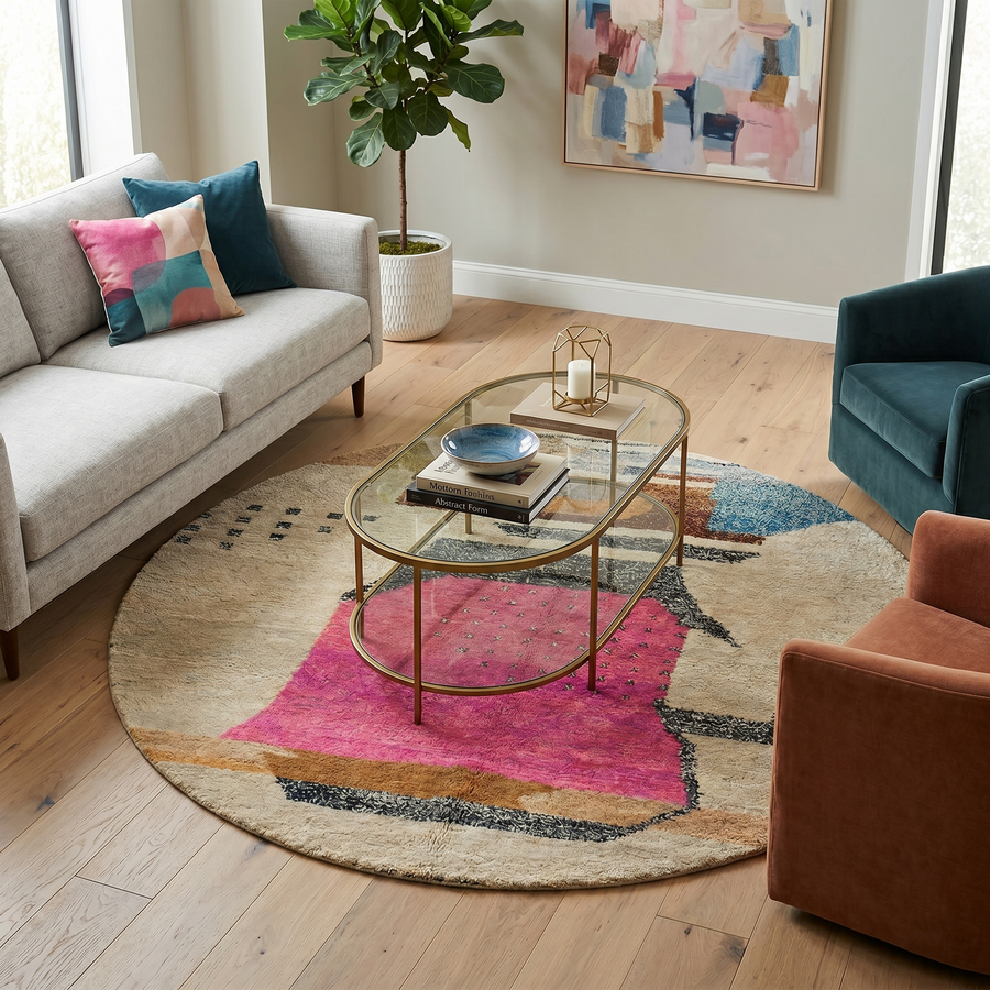 Round handmade Moroccan wool rug with abstract artistic design in pink, blue, caramel and neutral tones