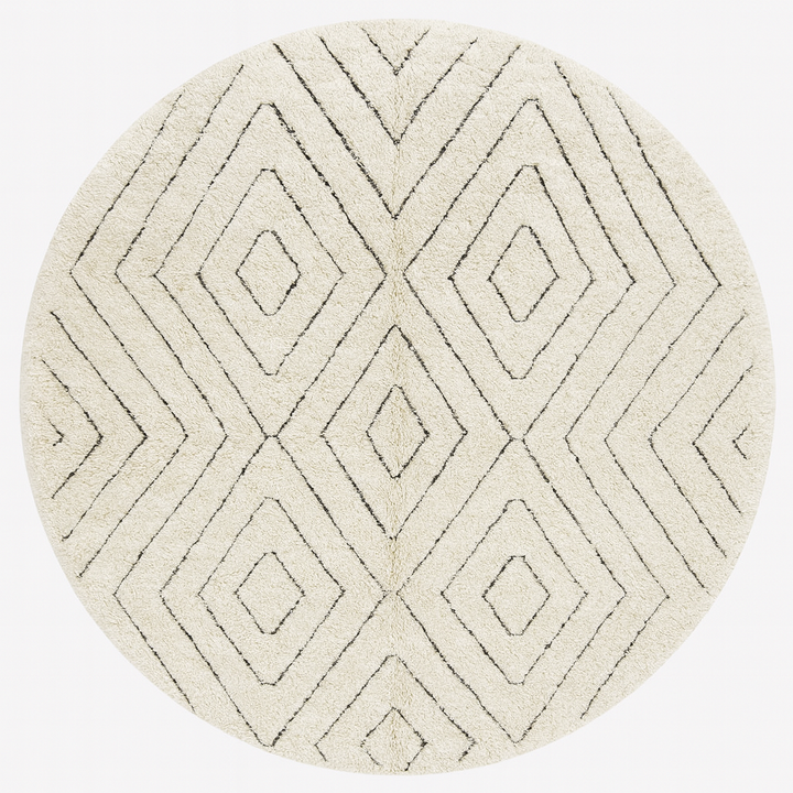 Round Beni Ourain Moroccan rug with white wool base and hand-drawn diamond pattern, handmade wool carpet