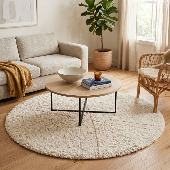 Round handmade Moroccan wool shag rug in cream with subtle Beni Ourain cross pattern on white background