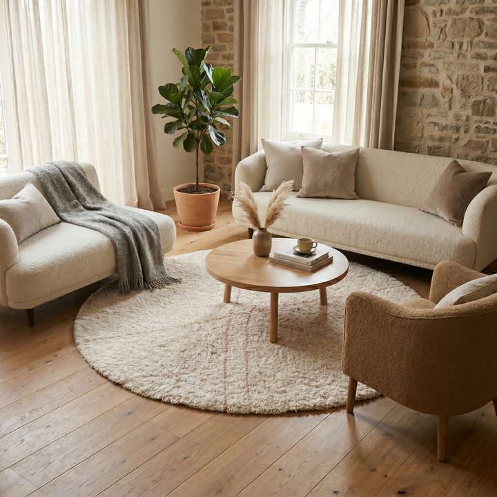 Round handmade Moroccan wool shag rug in cream with subtle Beni Ourain cross pattern on white background
