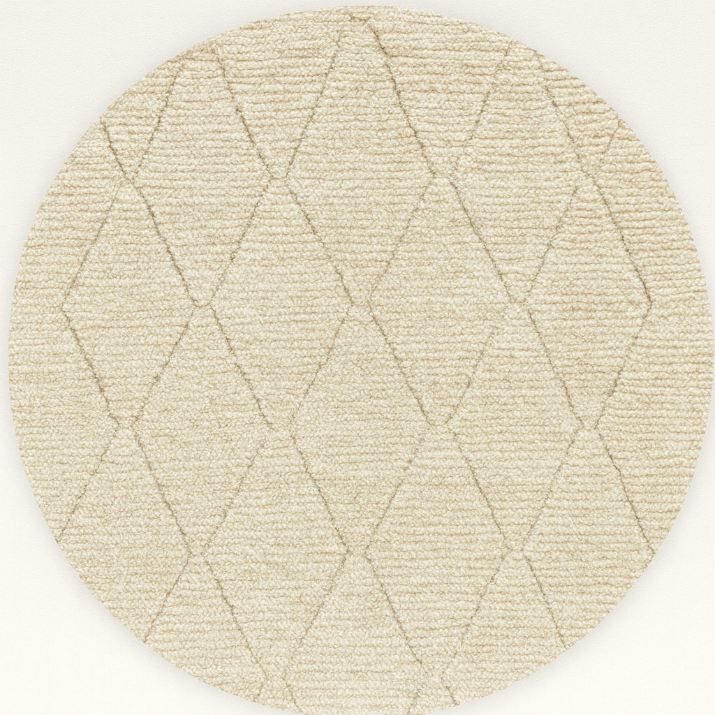 Round Moroccan wool rug with subtle carved diamond pattern, handmade by Berber artisans