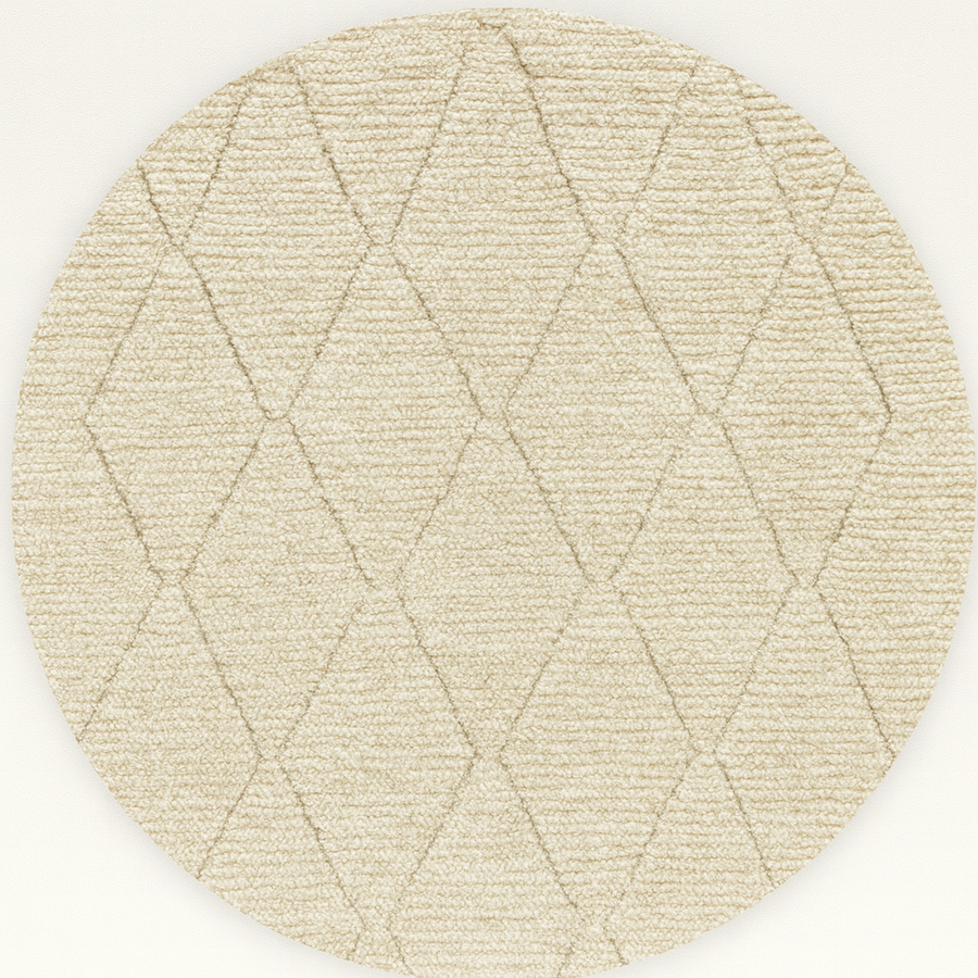 Round Moroccan wool rug with subtle carved diamond pattern, handmade by Berber artisans