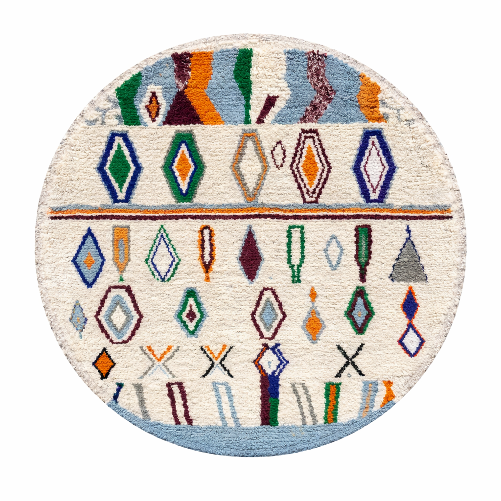 Handmade round Moroccan Berber rug with white wool base and colorful geometric tribal patterns in blue, green, terracotta and burgundy.