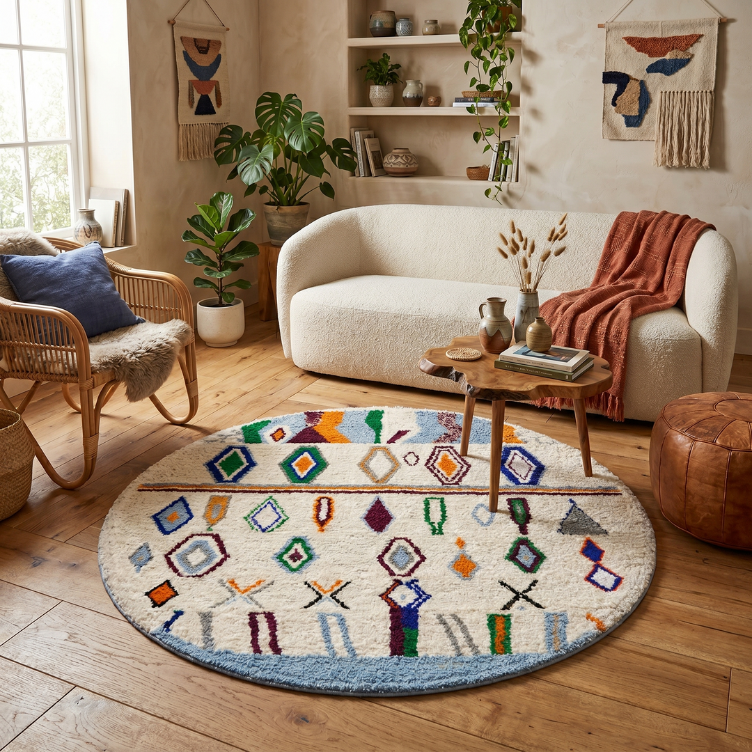 Handmade colorful round Moroccan wool rug with an ivory background and blue, green, orange, burgundy, and gray Berber motifs.
