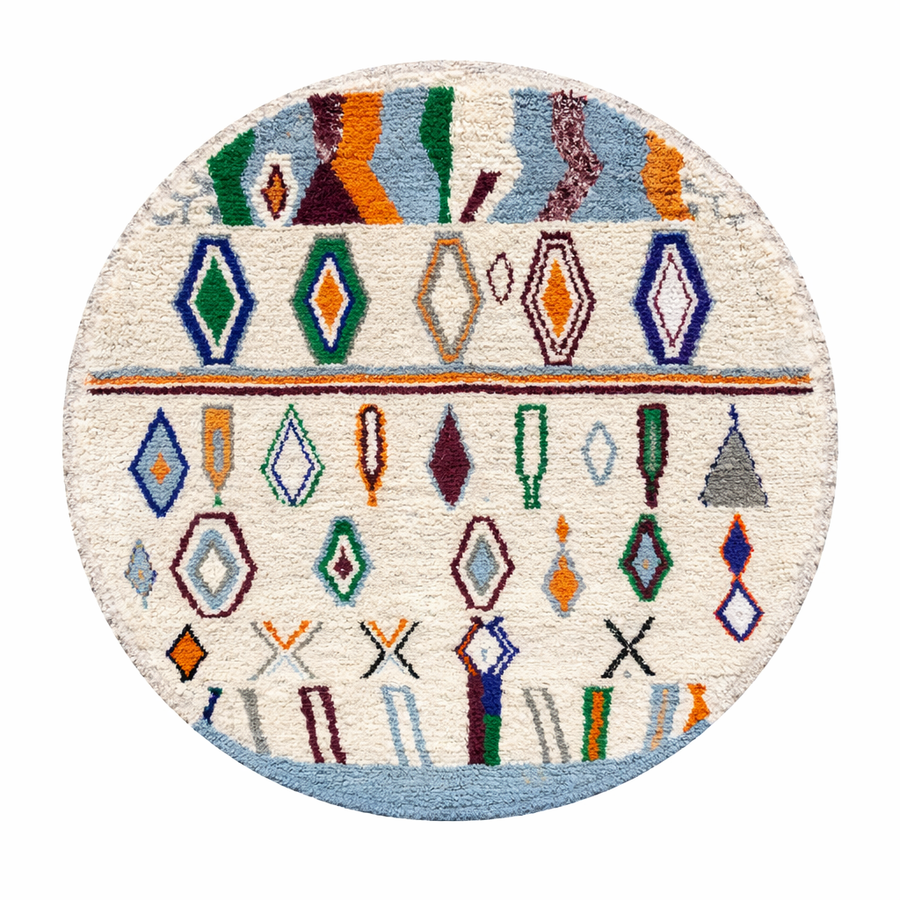 Handmade colorful round Moroccan wool rug with an ivory background and blue, green, orange, burgundy, and gray Berber motifs.