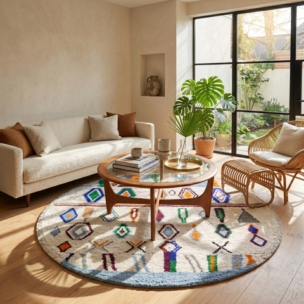 Handmade colorful round Moroccan wool rug with an ivory background and blue, green, orange, burgundy, and gray Berber motifs.
