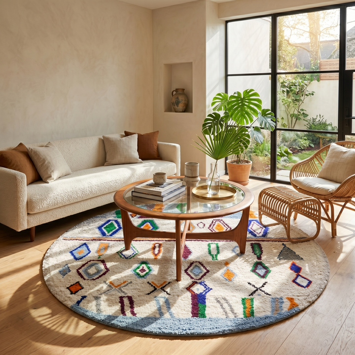 Handmade colorful round Moroccan wool rug with an ivory background and blue, green, orange, burgundy, and gray Berber motifs.