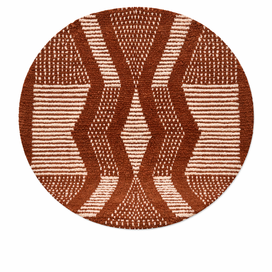 Handmade round Berber wool rug in brown and white Moroccan pattern