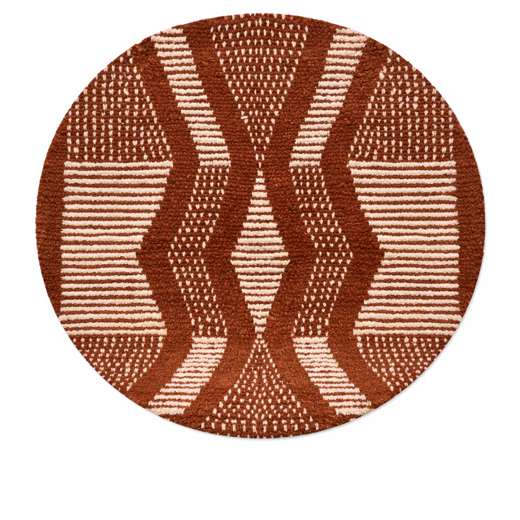 Handmade round Berber wool rug in brown and white Moroccan pattern