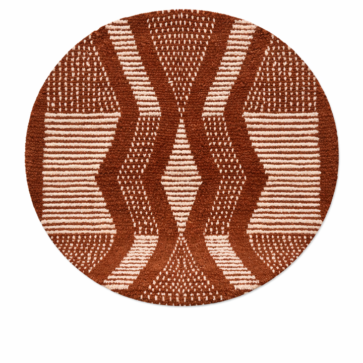 Handmade round Berber wool rug in brown and white Moroccan pattern