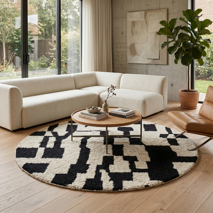 round black white moroccan wool rug abstract berber round rug