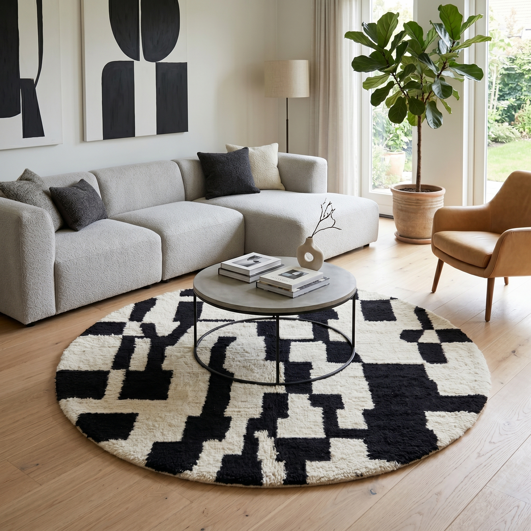 round black white moroccan wool rug abstract berber round rug