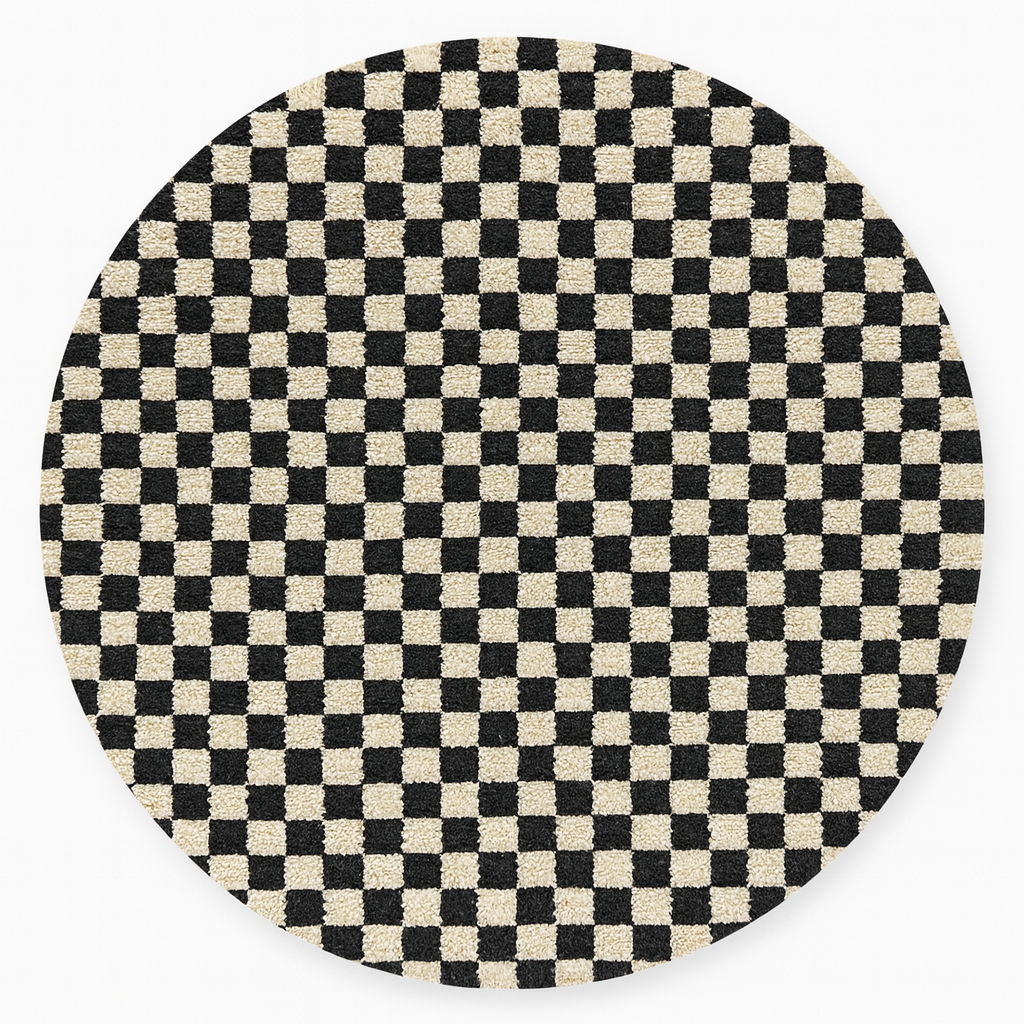 Round black and white checkered Moroccan wool rug