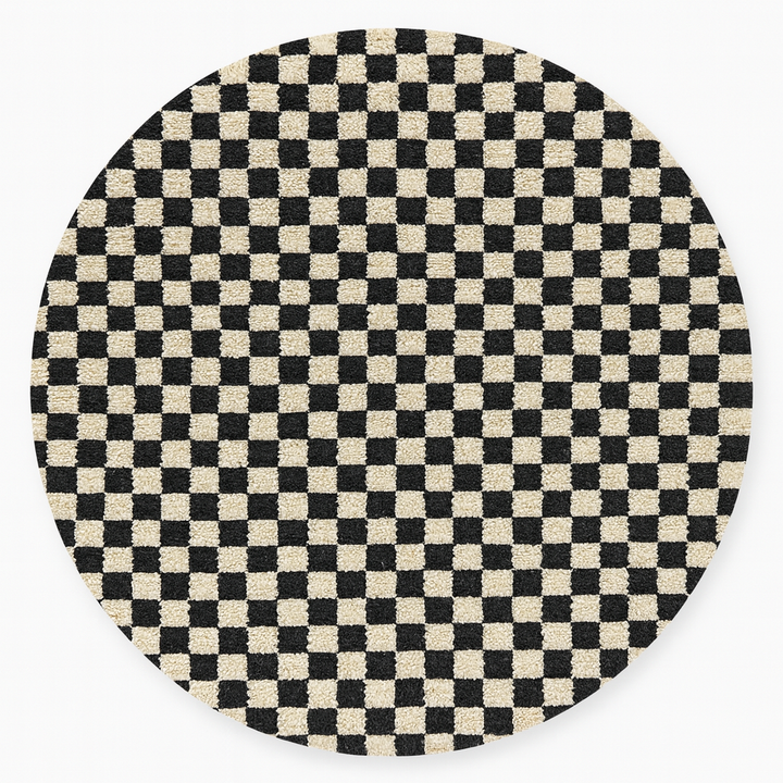 Round black and white checkered Moroccan wool rug