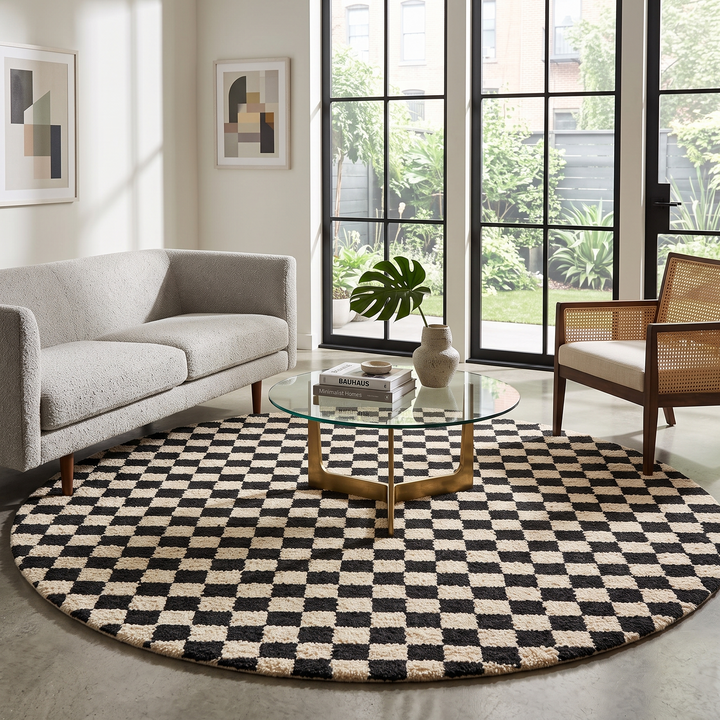 Round black and white checkered Moroccan wool rug