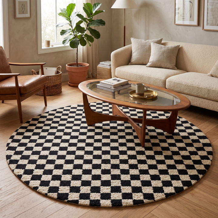 Round black and white checkered Moroccan wool rug