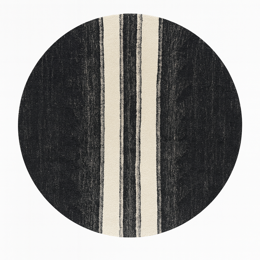 Round black and white flat-woven Moroccan rug.