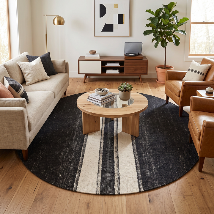 Round black and white flat-woven Moroccan rug.